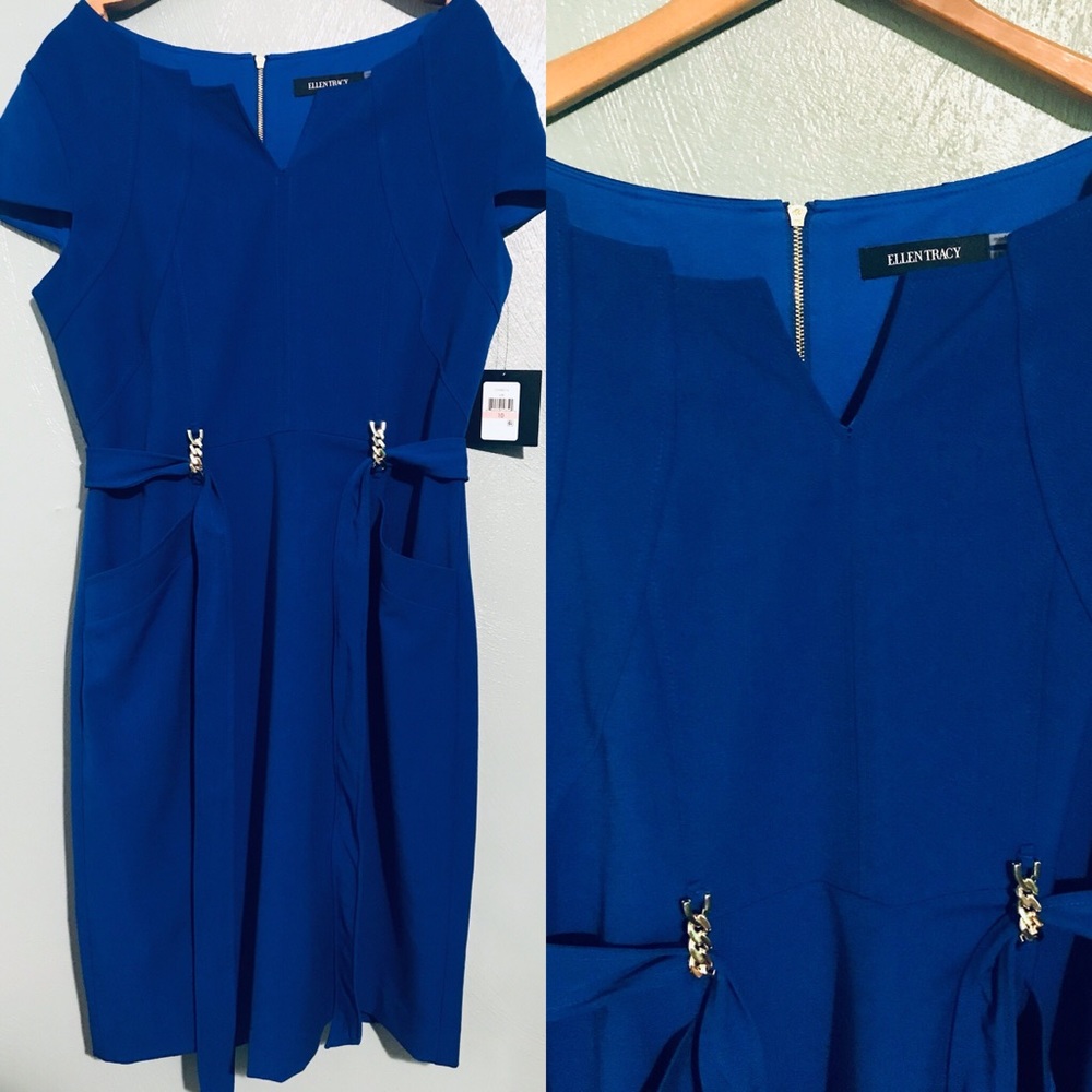 NWT Ellen Tracy Cobalt Belted Stretch Sheath Dress - Picture 3 of 3
